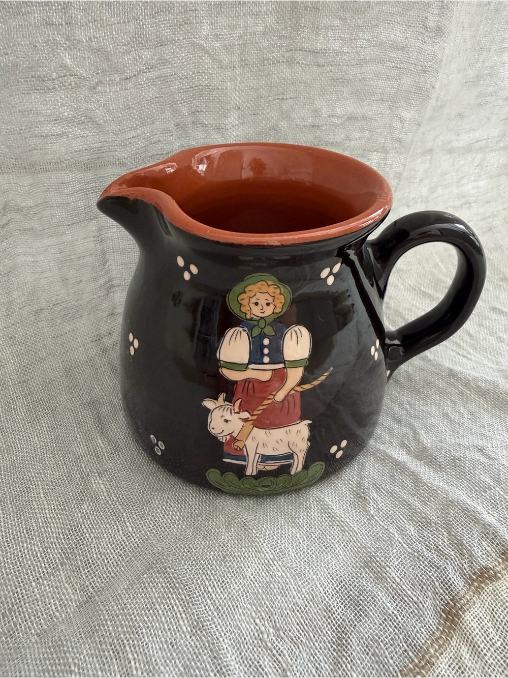 Hugo Kohler Handmade Pitcher, Swiss Folk Pottery featuring a girl with a lamb